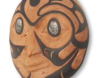 157
Heber Reece
b. 1955, Tsimshian
"Raven Summermoon," 2009
Carved and painted red cedar and abalone shell
Signed, titled, and dated verso: red cedar / H.T.R. / Kitselas BC Canada
16.75" H x 16" W x 5.5" D
Estimate: $800 - $1,200
