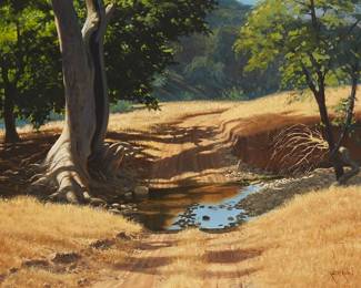 13
Robert Clifford Rishell
1917-1976
"Summer Shadows"
Oil on canvas
Signed lower right: Robt. C. Rishell; titled on various labels affixed to the back of the frame
30" H x 40" W
Estimate: $2,000 - $3,000