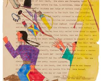 91
Michael Horse
b. 1951, Yaqui, Mescalero Apache, Zuni
Fighting Couple
Watercolor and ink on paper
Signed and with the artist's device, lower right: Michael Horse
Image/Sheet: 13.5" H x 8.5" W (irreg.)
Estimate: $500 - $700