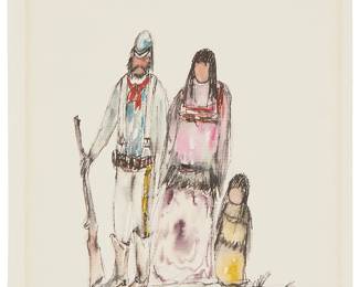 84
Ted DeGrazia
1909-1982
"El Soldado Y La Apache," 1971
Watercolor and ink on paper
Signed and with the artist's device: DeGrazia; also titled, dated, and inscribed, all in ink directly below the image: midnight sketch / 1 am Fall of 1971 / Arizona / USA
Sheet: 11" H x 8.125" W
Estimate: $1,000 - $1,500
