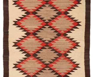 205
A Navajo Regional Rug
Mid 20th century, Diné
Woven in cream, red, brown, and natural grey/brown wool, with three columns of serrated diamonds
40.5" H x 78" W
Estimate: $300 - $500