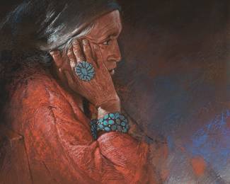 267
Clifford Beck
1946-1995, Navajo/Dine
Portrait Of A Woman In Profile With Turquoise Jewelry, 1993
Mixed media on paper
Signed and dated lower center: Berk
Sight: 18" H x 17.5" W
Estimate: $300 - $500