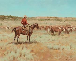 16
Jack N. Swanson
1927-2014
"The Guardian"
Oil on Masonite
Signed lower right: J.N. Swanson; titled on a sheet affixed to the frame's foamboard backing
18" H x 24" W
Estimate: $2,500 - $3,500