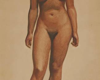 68
Maynard Dixon
1875-1946
"Study For Painting: Indian Girl" For "Fertility Of The Earth," 1936
Pastel, watercolor, and conte crayon on paper
Initialed, dated, and with the artist's device, lower left: MD / July 1936; titled and dated again, and inscribed in another hand on the verso of the frame's backing board: To Alex / Edith Hamlin / 1969
Image: 32" H x 9" W; Sheet: 36" H x 17.5" W
Estimate: $10,000 - $15,000