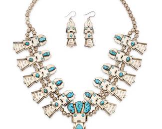 354
A Southwest Sterling Silver And Turquoise Jewelry Set
Late 20th/21st century
Each stamped: FY / Sterling
Comprising a double strand necklace of silver beads with ten silver and set stone Yei/katsina figural "blossoms," suspending a larger central pendant figure, together with a pair of matching figural earrings, 3 pieces
Necklace: 25" L x 3" H, each earring: 2.75" H
182.9 grams gross
Estimate: $700 - $900