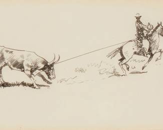 290
Edward Borein
1872-1945
"Roping A Steer"
India ink on paper
Unsigned
6.5" H x 11.75" W
Estimate: $600 - $800