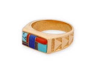 333
A Southwest 14k Gold And Mosaic Inlay Ring
Late 20th/21st century
Stamped: 14K; further marked with illegible cipher
A tapered gold band with mosaic stone inlay featuring turquoise, coral, onyx, sugilite and lapis lazuli, and with etched motifs to shoulders
Ring size: 9.75
13.6 grams gross
Estimate: $700 - $900