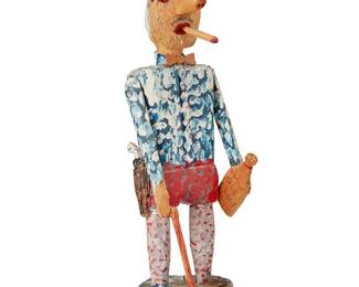 316
Carl McKenzie
1905-1998
"Wild Bill"
Carved linden wood, metal, paint, and graphite, articulated
Signed and titled in graphite to base: Carl McKenzie; with other partially legible graphite marks to base, possibly by another hand
Dimensions variable: 14.5" H x 3.75" W x 4.5" D
Estimate: $300 - $500