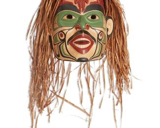 161
Janice Morin
b. 1952, Salish
"Shaman Recieving [Sic] Help"
Painted wood and cedar bark
Signed, titled, and inscribed: Janice Morin / Tlingit Style; with sticker applied to interior: Made in Canada
Overall: 23" H x 15" W x 5.5" D; Wood: 10" H x 9.5" W x 5.5" D
Estimate: $400 - $600