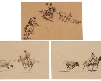 287
Attributed To Edward Borein (1872-1945)
Three works:

Two cowboys and steer
Ink on paper
Unsigned
Sheet: 8" H x 12" W

Cowboy chasing steer
Ink on Brother Jonathan Bond paper
Unsigned
Sheet: 8.5" H x 14" W

Cowboy leading steer
Ink on Brother Jonathan Bond paper
Unsigned
Sheet: 8.5" H x 14" W
Estimate: $1,500 - $2,000