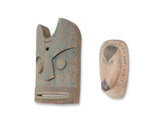 177
Two Yakutat Carved Wood Masks
Late 20th century
Each with incised signature verso: Mark; wolf additionally inscribed: XX
Comprising a blue painted mask with incised details to forehead, and a wolf head with black painted accents and outer edge perforated for mounting feathers
2 pieces
Blue: 15.5" H x 10" W x 4.5" D; Wolf: 11" H x 7.125" W x 3.625" D
Estimate: $200 - $400