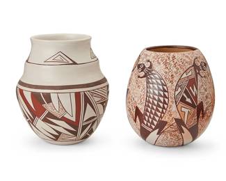 486
Two Hopi Pottery Vessels
Two works:

Sylvia Naha (1951-1999, Hopi-Tewa)
A polychrome pottery vase, late 20th century
Signed with artist's feather cipher and: S
The egg-form, white ware pottery vase with polychrome lizards and sunflowers on white burnished slip glaze
5.75" H x 5" Dia.

Joy Navasie, Second Frog Woman (1919-2012, Hopi-Tewa)
A polychrome pottery jar, late 20th century
Signed with artist's frog cipher
The white ware pottery vase with stepped collar and polychrome avian motifs on white burnished slip glaze
6.5" H x 5.5" Dia.

2 pieces
Estimate: $500 - $700