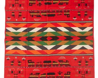 240
A Pendleton "Iron Horse Trail" Blanket
1994
Attributed to tag: Southwest Trails Blankets / By Ramona Sakiestewa / Iron Horse Trail / A Commemorative Series By Dewey Trading Company; With Pendleton cloth tag; also with original bi-fold paper tag with original plastic fastener: Pendleton Indian Blankets / A Warm and Colorful Heritage / Z494-203 / 82% filling (pure virgin wool) / 18% warp (spool spun cotton); lastly, with additional tag: Rails to Trails Conservancy
Designed by Ramona Sakiestewa (b. 1948, Hopi-Tewa), the Germantown-style reversible pictorial blanket woven in multicolor wool, depicting steam engine trains and banded geometric motifs, housed in original box
Blanket: 64" H x 80" W; Box: 5" H x 21" W x 17.5" D
Estimate: $200 - $400
