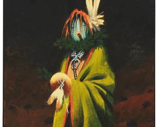 268
Allen Bahe
b. 1959, Navajo/Diné
"The Green Blanket"
Acrylic on canvas
Signed and with the artist's device, lower left: Bahe; signed again and with the artist's device, titled, and inscribed Navajo Ye in pencil, all verso
14" H x 11" W
Estimate: $500 - $700