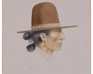 88
Paul Sollosy
1911-2012
Native American In Profile
Watercolor on paper laid to board
Signed and with the artist's device, lower left: Sollosy
9" H x 7" W
Estimate: $1,000 - $2,000