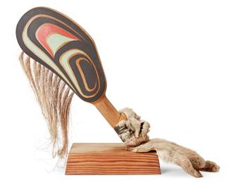 183
Beau Dick
1955-2017, Kwakwaka'wakw
"Mussel Shell," 1986
Painted carved wood, horse hair, and animal pelt
Signed, titled, and dated to underside: Beau Dick
Overall: 12.75" H x 16.25" W x 4.75" D
Estimate: $300 - $500