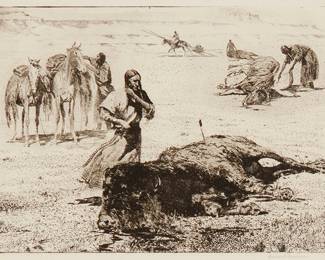294
Edward Borein
1872-1945
"After The Buffalo Hunt"
Etching and drypoint on paper
From the edition of unknown size
Signed in pencil lower right: Edward Borein
Plate: 8" H x 11.75" W; Sight: 8.75" H x 12.75" W
Estimate: $800 - $1,200