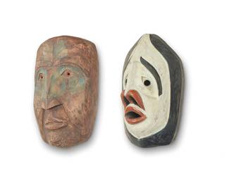 178
Two Yakutat Carved Wood Masks
Late 20th century
Each with incised signature and inscription verso: Mark; the blue additionally marked: XX
The polychrome masks comprising one with blue highlights around the eyes and forehead and one with white face and red mouth and nose
2 pieces
Blue: 9.375" H x 6.375" W x 3.25" D; White: 9.5" H x 6.375" W x 4.25" D
Estimate: $200 - $400