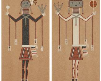 487
Fred (Grey Squirrel) Stevens, Jr.
1922-1983, Diné
"The Black Male Yei" And "The White Female Yei"
Pulverized sandstone and silicone on particle board
Each signed and inscribed in pencil verso: Grey Squirrel (Fred Stevens, Jr.) / Navajo Indian Sandpainter and Medicine Man; each with lengthy description and care instructions inscribed verso
2 pieces
Sight of each: 15.75" H x 7.5" W
Estimate: $100 - $200