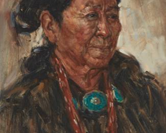 263
Clarence McGrath
1938-2007
"Navajo Lady In Shade"
Oil on panel
Signed lower left: McGrath; titled on the frame plaque; titled again on a piece of tape, presumably in another hand, verso
18" H x 12" W
Estimate: $500 - $700