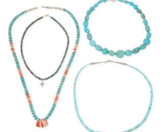 365
A Group Of Southwest Pueblo-Style Turquoise Necklaces
Mid/late 20th century
Cross and one clasp marked for Sterling
Comprising a jacla-style single strand turquoise and spiney oyster necklace (27.5" L), a graduated single strand turquoise necklace (21.5" L), a chunky graduated turquoise nugget necklace (18.5" L), and a small single strand necklace of dark turquoise with diminutive sterling silver cross pendant (16.5" L), 4 pieces
Estimate: $400 - $600