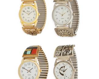 446
A Group Of Southwest Silver Wristwatches
Mid/late 20th century
Each variously stamped: Sterling / W / H. Francisco / 1/20 / 12K / G.F.
Four works Comprising two gold filled watch bands, including one with turquoise, coral, onyx, malachite, and mother of pearl inlay, and one with a silver overlay eagle, as well as two silver bands with Hopi-style silver overlay including Kokopelli and sunface motifs, each fitted with quartz watches, 4 pieces
Each plate: largest: 1.125" H x 1.75" W; smallest: 1" H x 1.625" W
235.9 grams gross
Estimate: $200 - $400
