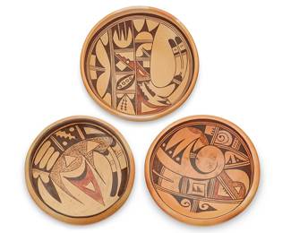 423
Three Hopi Low Pottery Bowls
Mid-20th century
One marked to the underside: Violet Huma
Each three-color bowl with red and black geometric motifs to interior on yellow ground, comprising one by Violet Huma (1932-1980) and two others, one possibly a piki bread bowl
3 pieces
Largest: 3.75" H x 11.5" Dia.
Estimate: $500 - $700