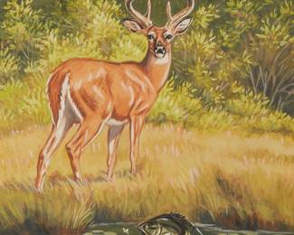 53
Walter Joseph Wilwerding
1891-1966
Deer By A Riverside
Oil on canvas
Signed lower left: W.J. Wilwerding
Sight: 10.875" H x 8.125" W
Estimate: $300 - $500