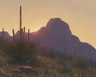 3
Michael Stack
b. 1947
"Sundown Near Safford Peak," 2002
Oil on canvas
Signed lower left: Michael Stack; titled, dated, and with the artist's copyright in ink on the frame's foamboard backing; titled again on two labels affixed verso
12" H x 16" W
Estimate: $1,500 - $2,000