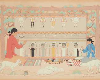 249
Harrison (Haskay Yahne Yah) Begay
1917-2012, Navajo/Diné
Navajo Mother And Daughter Weaving
Screenprint in colors on paper
From the edition of unknown size
With the printed signature in the image at lower right: © Harrison Begay; also printed in the lower margin (under the mat): A Silk Screen Reproduction / Copyright, Tewa Enterprises / Santa Fe, New Mexico
Sight: 14.75" H x 20.5" W
Estimate: $300 - $500