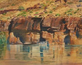 39
Merrill Mahaffey
b. 1937
"River Cliffs (Grand Canyon)," 1985
Acrylic on canvas
Signed lower right: Merrill Mahaffey; signed again, titled, and dated, all verso; titled again on two gallery labels affixed to the verso of the canvas and stretcher
32" H x 54" W
Estimate: $2,000 - $3,000