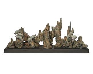 36
Sherry Salari Sander
b. 1941
Mountain Goats, 2005
Cold-painted bronze
Edition: 5/35
Signed, dated, and numbered in the casting: Sander © / 05
Overall: 18.5" H x 45.25" W x 8" D; Bronze: 16.25" H x 44.75" W x 8.5" D
Estimate: $2,000 - $3,000