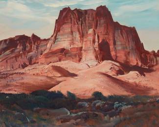 38
Paul Lauritz
1889-1975
"Zion Park, Utah"
Oil on canvas
Signed lower left: Paul Lauritz; titled on the stretcher
25" H x 30" W
Estimate: $1,000 - $2,000