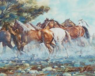 17
Jack Hines
1923-2015
"Horse Gatherers," 1989
Watercolor on paper
Signed and dated lower right: Jack Hines ©; titled on a sheet affixed to the frame's backing paper
Sight: 11" H x 23" W
Estimate: $500 - $700