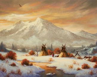 111
Heinie Hartwig
b. 1937
"Camp Below The Rockies"
Oil on Masonite
Signed lower left: Heinie Hartwig; titled verso
18" H x 24" W
Estimate: $1,500 - $2,000