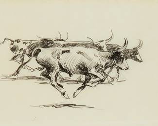 289
Edward Borein
1872-1945
"Group Of Steers"
India ink on paper
Unsigned; titled on a sheet affixed to the frame's backing paper
Sight: 8" H x 11.25" W
Estimate: $600 - $800