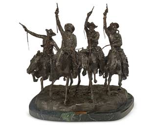 26
After Frederic Remington
1861-1909
"Coming Through The Rye," Modeled 1902
Patinated bronze on a marble plinth
Signed in the casting at base: Frederic Remington
Overall: 29.25" H x 31.5" W x 31.5" D
Estimate: $2,500 - $3,500
