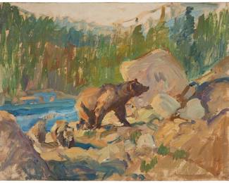 45
Frank Hoffman
1888-1958
Bears Along A Creek
Oil on canvasboard
Signed in pencil, verso: Frank Hoffman
16" H x 20" W
Estimate: $2,500 - $3,500