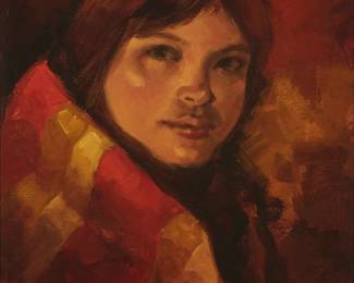 266
Jim Jordan
b. 1945
"Navajo Maiden"
Oil on canvas
Signed and with the artist's device, lower left: Jordan; titled on the upper portion of the stretcher, verso
16" H x 12" W
Estimate: $600 - $800