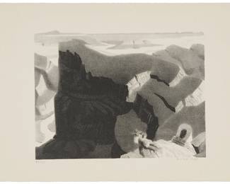 301
Conrad Buff
1886-1975
"American Pioneers," Circa 1935
Lithograph on wove paper
Edition: 24/31
Signed and numbered in pencil in the lower margin, directly below the image at right and left, respectively: Conrad Buff Lynton R. Kistler printer, Los Angeles, and with his monogram in pencil in the lower margin, at left.
Image: 9.5" H x 12.5" W; Sheet: 13.125" H x 18.875" W
Estimate: $500 - $700