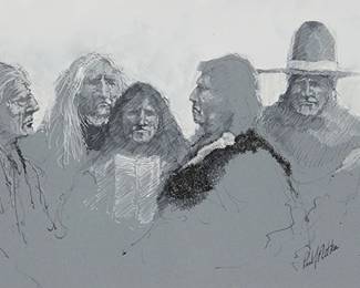 80
Paul Pletka
b. 1946
"Making Strong Talk"
Mixed media on paper laid to board
Signed lower right: Paul Pletka; titled on a gallery label affixed to the frame's backing paper
13" H x 28" W
Estimate: $2,000 - $3,000