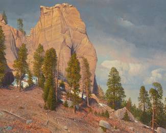 14
Curt Walters
b. 1950
"Lukachukai Mountains," 1980
Oil on canvas
Signed and dated lower left: Curt Walters ©; titled on the frame plaque; signed and titled again, and inscribed in black permanent marker on the upper and lower stretcher bars, verso
24" H x 36" W
Estimate: $3,000 - $5,000