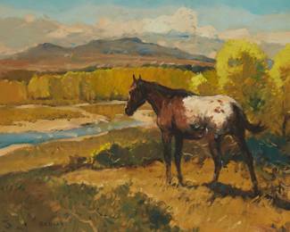 10
Sheryl Bodily
b. 1936
"Lonely Stallion"
Oil on canvas
Signed lower left: Bodily; titled on a gallery sheet affixed to the frame's foamboard backing
14" H x 18" W
Estimate: $400 - $600