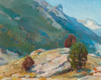 2
Toby Birr
20th century
Mountain Scene
Oil on canvas laid to board
Signed lower left: Toby Birr
Sight: 7.5" H x 9.5" W
Estimate: $600 - $800