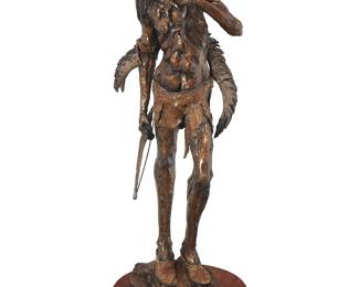 98
Gib Singleton
1935-2014
"Goose Hunter," Cast 2008
Patinated bronze on a wood plinth
Edition: 5/25
Signed and numbered in the casting: Singleton ©
Overall: 31" H x 11.5" Dia.; Bronze: 28.25" H x 10.5" W x 9.5" D
Estimate: $6,000 - $8,000