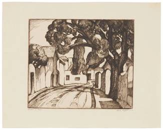 300
Gene Kloss
1903-1996
"Street In Taos," 1931
Etching and drypoint on wove paper
From the edition of 15
Signed and titled in pencil at the lower margin: Gene Kloss
Plate: 5.75" H x 6.75" W; Sheet: 8.125" H x 10.25" W
Estimate: $1,000 - $1,500