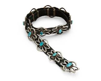 440
A Southwest Turquoise And Tufa Cast Silver Concho Hat Band
Mid/late 20th century
Stamped to buckle : 925 / Sterling
A hat band with an openwork cast sterling silver buckle and thirteen matching conchos, each with set turquoise and all mounted to a black leather strap
Buckle and each concho: 1.25" H x 1.625" W; strap: 27.5" L x 0.75" H
183.7 grams gross
Estimate: $400 - $600