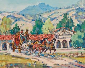 63
Marjorie Reed
1915-1996
"Mission San Antonio De Padua"
Oil on canvasboard
Signed lower left: Marjorie Reed; signed again and titled in ink on a label affixed verso
11" H x 13.75" W
Estimate: $700 - $900