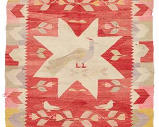 237
A Scandinavian Pictorial Rya Rug
Early 20th century
The figural folk art rug woven in pale green, red, pink, yellow, cream, and periwinkle wool, depicting a central bird and foliate and floral motifs centered by a chevron border
54" H x 75" W
Estimate: $300 - $500