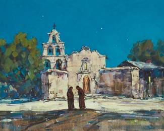 29
Marjorie Reed
1915-1996
"Mission San Diego De Acala"
Oil on canvas
Signed lower right: Marjorie Reed; signed again, titled, and inscribed in ink on a label affixed to the stretcher: Father Sierra's First Mission
24" H x 30" W
Estimate: $2,500 - $3,500